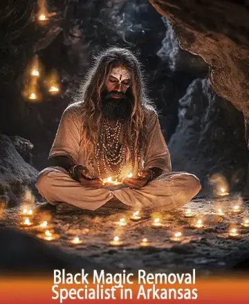 In the tranquil embrace of a softly lit cave, a serene figure sits surrounded by the gentle glow of candles, embodying peace and deep wisdom. The atmosphere is filled with a comforting energy that soothes the spirit. Black magic removal in Arkansas.