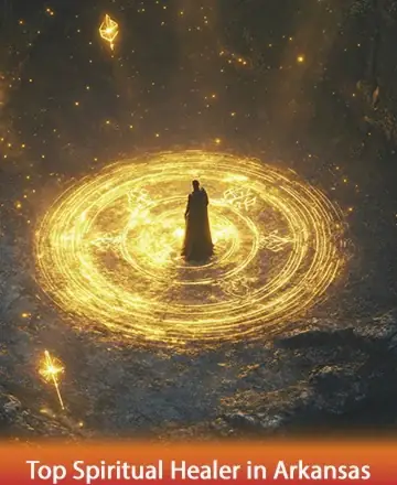 In the heart of a mystical glow, a serene figure stands surrounded by luminous golden circles, evoking a profound sense of peace and connection. This enchanting scene whispers of ancient wisdom and gentle guidance, inviting you to explore the path within. Top spiritual healer in Arkansas.