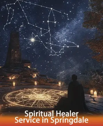 A person sits on a stone platform surrounded by lit candles at night, gazing at a celestial map illuminated on the ground. Above, a starry sky displays vibrant constellations. The scene conveys a mystical and peaceful atmosphere. Text at the bottom reads, 