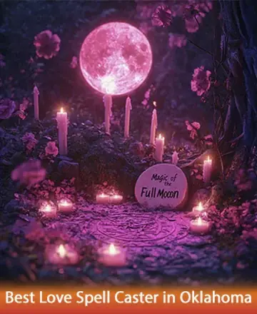 In the tranquil embrace of a mystical forest, gentle candlelight dances beneath a radiant full moon, creating an atmosphere of serene enchantment. Surrounded by delicate blooms, this sacred space whispers secrets of the heart and soul. Love spell in Oklahoma.