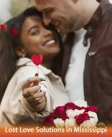 In this heartwarming image, a couple shares a tender moment, symbolizing the gentle power of love and connection. The woman holds a heart-shaped token, reflecting joy and harmony, while surrounded by vibrant roses. Their smiles radiate warmth and understanding, embodying trust and unity. Lost love solutions in Mississippi.