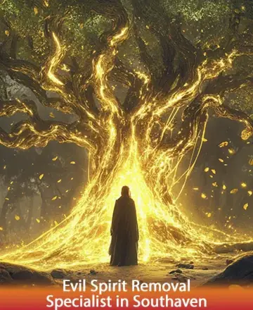 In a serene forest bathed in golden light, a majestic tree radiates warmth and protection. A lone figure stands beneath, embraced by the gentle glow of nature’s wisdom and peace. This sacred scene whispers of transformation and clarity. Evil spirit removal in Southaven.