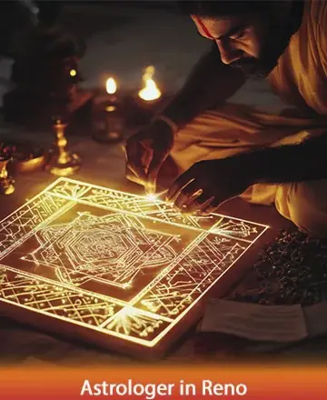 In a serene glow, a wise figure delicately crafts a sacred pattern, illuminated by the gentle flicker of candles. This tranquil scene invites peace and introspection, resonating with the soothing rhythms of ancient wisdom. Astrologer in Reno.
