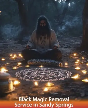 In the serene embrace of a moonlit forest, a wise figure sits in tranquil meditation, surrounded by a gentle circle of flickering candles. The atmosphere exudes peace and profound wisdom, inviting healing and balance. Black magic removal service in Sandy Springs.