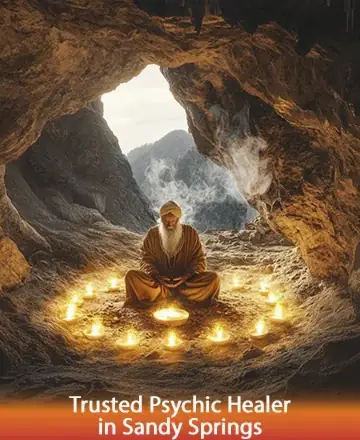 In the serene embrace of a mountain cave, a wise figure sits peacefully, surrounded by the gentle glow of candlelight. This sacred space exudes warmth and tranquility, inviting you to journey inward and discover profound inner peace. Trusted psychic healer in Sandy Springs.