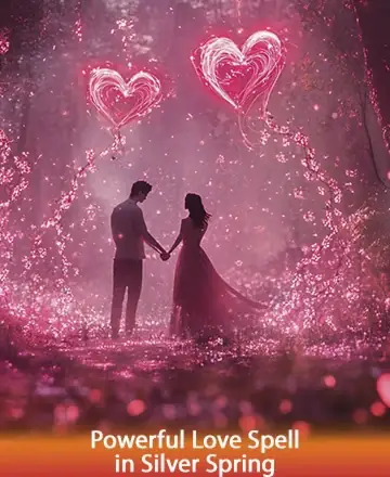 In a magical forest bathed in enchanting pink hues, a couple stands hand in hand, surrounded by the gentle glow of heart-shaped lights. This serene moment speaks to the power of love and connection, creating a sense of warmth and harmony. Love spell in Silver Spring.