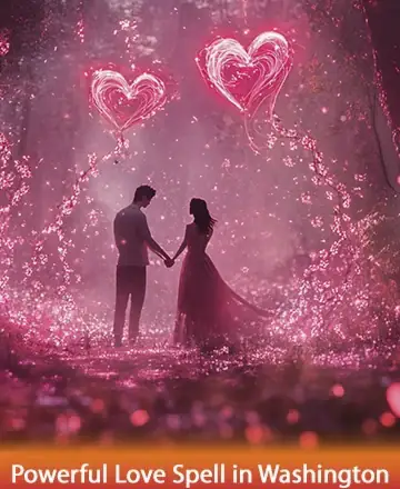 In a serene, enchanted forest bathed in soft pink hues, two souls stand hand in hand, enveloped in the gentle glow of love's pure magic. Heart-shaped lights dance around them, illuminating the path to deeper connection and understanding. Powerful love spell in Washington.