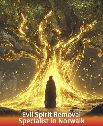 In a serene forest, a majestic tree radiates golden light, enveloping a solitary figure in warmth and tranquility. The gentle glow creates an aura of peace, inviting you to embrace the healing energy within. Evil spirit removal specialist in Norwalk.