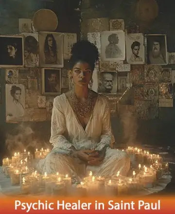 Psychic healer in Saint Paul performing spiritual ritual surrounded by candles and mystical portraits
