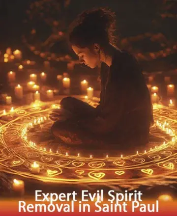 A person sits cross-legged in a dark room, surrounded by glowing candles arranged in concentric circles with intricate patterns. The scene emits a warm, mystical ambiance.