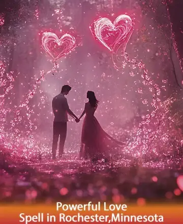In a serene forest bathed in a gentle pink glow, two souls hold hands, enveloped by the warmth of love and the promise of connection. Heart-shaped lights dance above, symbolizing the beautiful journey of togetherness. Powerful love spell in Rochester, Minnesota.