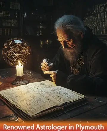 In the serene glow of candlelight, a wise elder delves into ancient tomes, surrounded by the comforting presence of celestial symbols. His focused contemplation invites a sense of peace and timeless wisdom, offering guidance through life's journey. Renowned astrologer in Plymouth.