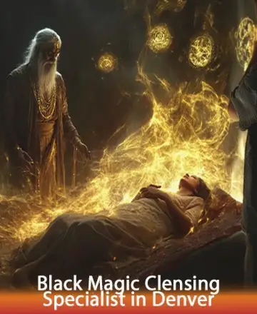 In a serene and mystical setting, gentle energies swirl warmly around a serene figure, enveloped in a cocoon of golden light. Guided by a wise presence, this scene evokes a sense of peace and deep healing. Black magic cleansing specialist in Denver.