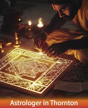 A person in traditional attire sits cross-legged, arranging objects on a glowing mandala pattern. Warm candlelight surrounds the setting, creating a mystical ambiance.