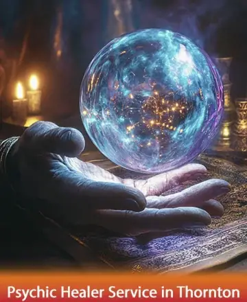 A hand holds a glowing, swirling crystal ball with blue and purple hues on a dimly lit table with candlelight. Text reads 