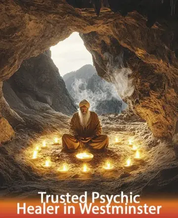 In the serene embrace of a mountain cave, a wise figure meditates amid glowing candles, exuding a profound sense of peace and spiritual clarity. The tranquil setting invites a deep connection with inner wisdom and calm. Trusted psychic healer in Westminster.