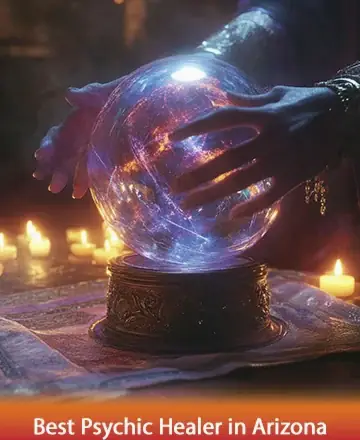 In a serene setting, gentle hands surround a glowing crystal ball, casting a warm, inviting light that dances among softly flickering candles. This tranquil moment promises insight and calm, guiding your spirit with ancient wisdom. Psychic guidance in Arizona.
