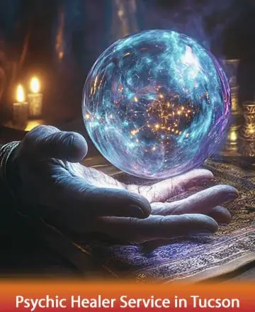 In the gentle glow of candlelight, a wise hand cradles a luminous orb, shimmering with the universe's mysteries. This serene moment invites you to a place of inner peace and reflection, where healing energy flows effortlessly. Psychic healer service in Tucson.