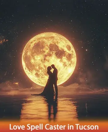 A silhouetted couple stands on a reflective body of water, embracing under a large glowing orange full moon. The sky is starry, creating a romantic, dreamy atmosphere. Text reads 