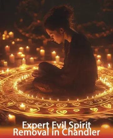 In the gentle glow of countless candles, a serene figure sits in quiet reflection, surrounded by intricate patterns of light. The comforting warmth bathes the space, inviting a sense of peace and clarity. Expert evil spirit removal in Chandler.