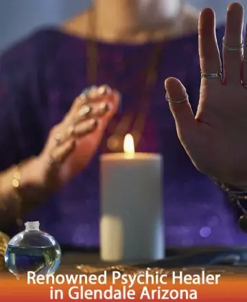 In a serene space filled with gentle warmth, a candle flickers softly, casting a calming glow. The hands, adorned with delicate rings, move gracefully in a dance of healing and protection. Trust in the peaceful energy that surrounds you. Psychic healer in Glendale Arizona.