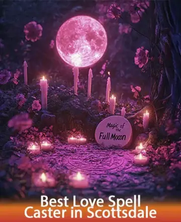 In a serene woodland glade, under the gentle glow of a full moon, candles flicker softly, casting a warm embrace around a sacred circle. The air is filled with whispers of love and harmony, inviting a journey within. Best love spell caster in Scottsdale.