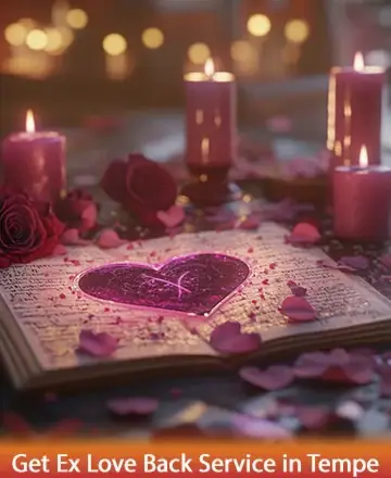 In a serene setting, soft candlelight bathes an open book adorned with delicate rose petals, creating a heartwarming tableau of love and tranquility. The gentle glow and vibrant hues invite a sense of peace and reconnection. Rekindle love in Tempe.
