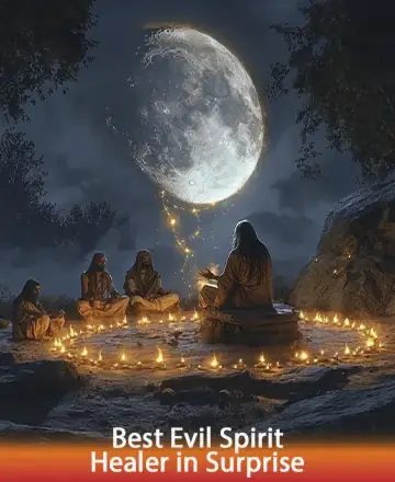 In a serene, moonlit forest clearing, wise souls gather around a warm circle of light, sharing stories and wisdom under the gentle glow of a full moon. The scene radiates harmony and deep connection, offering solace and spiritual comfort. Best evil spirit healer in Surprise.