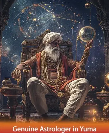 In the serene embrace of cosmic wisdom, a wise sage sits gracefully, radiating calm and insight. His presence evokes a sense of deep trust and peaceful reflection, guiding seekers on their spiritual journey. Genuine astrologer in Yuma.