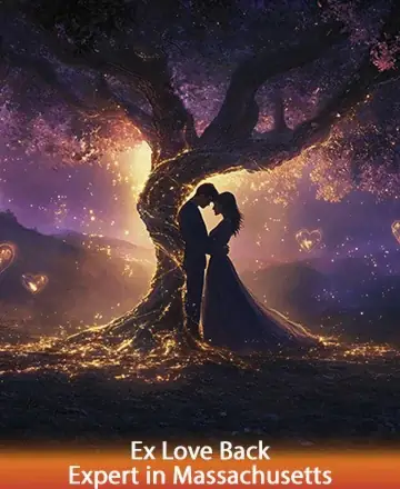 In a mystical embrace beneath an ancient, glowing tree, two souls find solace and connection. Surrounded by gentle hearts and warm hues, the scene whispers of rekindled love and timeless bonds. Experience the magic of reconnection with an ex love back expert in Massachusetts.
