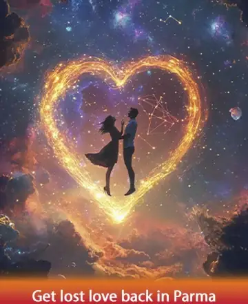 In a celestial embrace, two souls connect within a glowing heart, surrounded by the infinite beauty of the cosmos. This image softly whispers of rekindled love and cosmic harmony, inviting warmth and serenity into your spirit. Get lost love back in Parma.