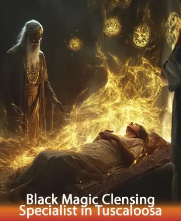 In a serene sanctuary, a wise elder envelops a resting soul with ethereal light, guiding them toward peace and renewal. The scene radiates warmth and tranquility, embodying the gentle embrace of spiritual wisdom. Black magic cleansing in Tuscaloosa.