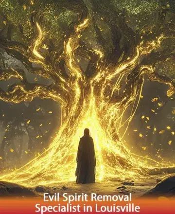 In the heart of an ancient forest, a gentle figure stands serenely beneath a majestic, glowing tree. The golden light envelops the scene with warmth and tranquility, embodying a profound sense of peace and renewal. Evil spirit removal specialist in Louisville.