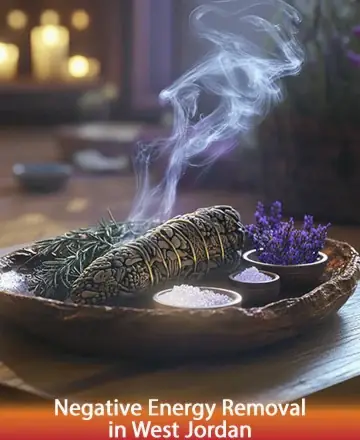 In a serene setting adorned with soft candlelight, the gentle smoke of a sage bundle swirls gracefully. Lavender and rosemary rest nearby, inviting tranquility and calm. This harmonious scene offers a moment of peace and renewal. Negative energy removal in West Jordan.