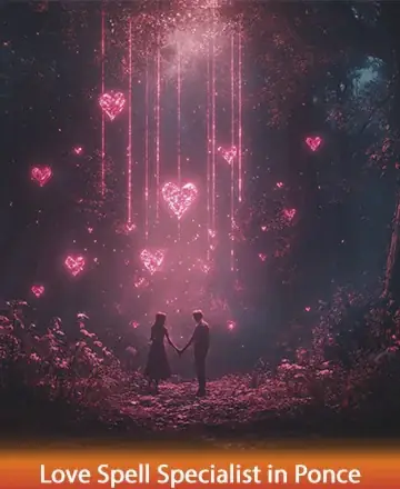 In a serene forest, two souls stand hand in hand, surrounded by shimmering hearts that illuminate their path with soft, enchanting light. The scene whispers of connection and warmth, enveloping them in a cocoon of love and tranquility. Love spell specialist in Ponce.