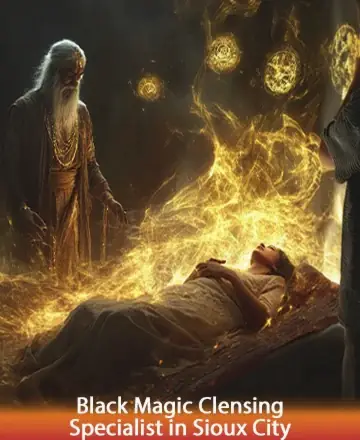 In a serene and mystical setting, a wise elder stands watch over a peaceful scene, where a gentle glow envelops a resting soul. The atmosphere is filled with warmth and wisdom, creating a comforting space for transformation and healing. Black magic cleansing in Sioux City.