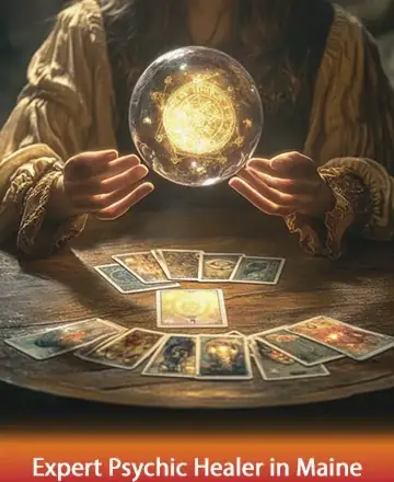 In a serene setting, gentle hands cradle a glowing sphere of light, casting a warm, mystical glow over a spread of tarot cards. This tranquil image invites you into a world of ancient wisdom and spiritual insight, guiding you gently towards clarity and peace. Expert psychic healer in Maine.