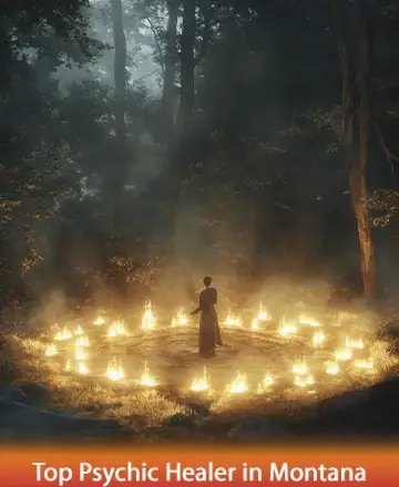 In a serene forest clearing, gentle flames form a protective circle around a solitary figure, evoking a sense of deep peace and spiritual connection. The soft glow of the fire lights the path to inner wisdom and tranquility. Top psychic healer in Montana.