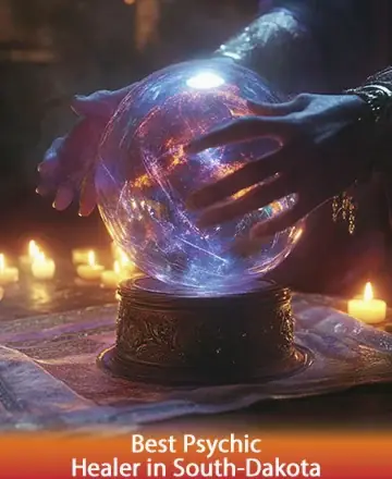 In a softly lit space, gentle hands embrace a shimmering crystal ball, radiating a calming glow. Surrounded by the warm flicker of candles, the scene evokes serene introspection and harmonious balance, offering a moment of tranquility and inner peace. Psychic healer in South Dakota.