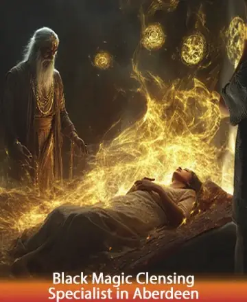 This serene image captures a moment of profound transformation, as gentle energies dance like golden light around a tranquil figure. The presence of a wise guide adds a layer of deep peace and assurance, inviting healing and renewal. Black magic cleansing specialist in Aberdeen.