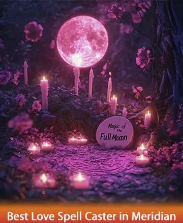 Beneath the serene glow of a luminous full moon, a sacred circle of candles casts a warm, inviting light amidst blossoming flowers. This enchanting scene whispers gentle promises of transformation and peace. Experience profound connection and harmony with love spell in Meridian.