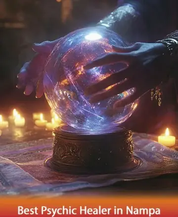 In this serene and mystical scene, gentle hands hover over a glowing crystal ball, surrounded by the warm embrace of candlelight. The atmosphere invites tranquility and introspection, offering a space for deep connection and understanding. Best psychic healer in Nampa.