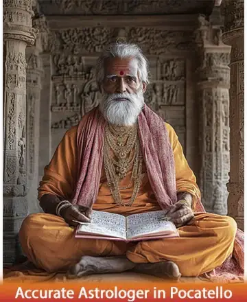In a serene temple adorned with intricate carvings, a wise figure sits in peaceful meditation, enveloped in warm hues and a gentle aura of wisdom. His presence inspires tranquility and trust, offering guidance to all who seek it. Accurate astrologer in Pocatello.