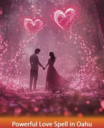 In a serene forest bathed in soft pink hues, two souls stand hand in hand, surrounded by shimmering hearts and gentle light. This enchanting scene captures the essence of unity and love, offering a safe haven for the heart. Love spell in Oahu.