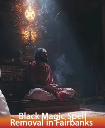 In the serene glow of soft candlelight, a wise soul meditates, enveloped in a comforting aura of tranquility and ancient wisdom. The gentle waft of incense weaves through the air, creating a sanctuary of peace and calm. Black magic spell removal in Fairbanks.