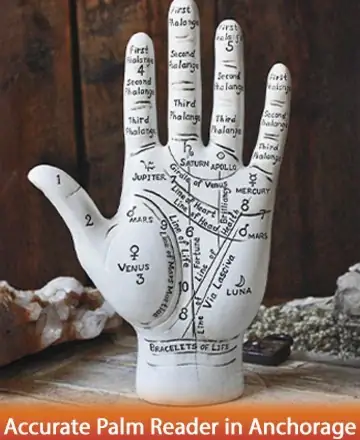 In a serene, inviting space, a hand model gently displays the ancient art of palmistry, guiding you through the lines of destiny with grace and wisdom. The soothing ambiance invites introspection and understanding. Accurate palm reader in Anchorage.