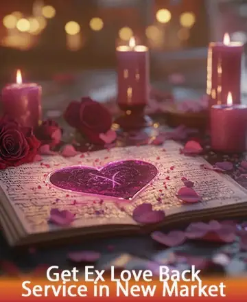 In the gentle glow of candlelight, a heart rests peacefully on an open book, surrounded by tender rose petals, evoking a sense of warmth and renewal. This serene setting invites reflection and healing, nurturing the bonds of love. Get ex love back service in New Market.