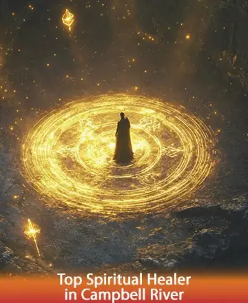In a serene embrace of golden light, a figure stands within a mystical circle, radiating peace and profound wisdom. This enchanting scene invites a journey of inner healing and spiritual awakening, offering comfort and clarity. Top spiritual healer in Campbell River.