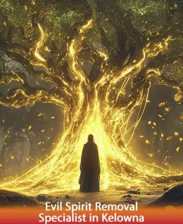 In this serene image, a figure stands gracefully before a majestic tree illuminated with golden light, radiating warmth and tranquility. The scene evokes a sense of deep connection to the earth and the universe, offering solace and gentle guidance. Evil spirit removal specialist in Kelowna.