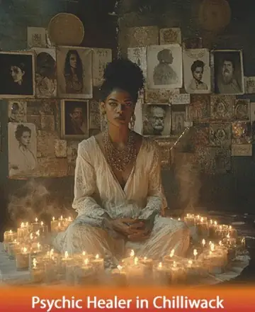 In a serene sanctuary of flickering candlelight, a woman sits gracefully, surrounded by an aura of tranquility and wisdom. Her presence exudes warmth and a deep sense of spiritual connection, inviting peace to all who seek solace. Psychic healer in Chilliwack.